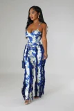 Plus Size Tie Dye Print Sling Bodysuit 2 Piece Pants Set GHXF-HX0319