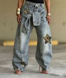 Plus Size Star-Printed Leopard Patchwork Denim Jeans GYLN-8122