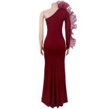Solid Color Singlle Shoulder Long Sleeve Maxi Dress BY-7610