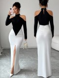 Contrast Color Ruched Split Maxi Dress QODY-6073
