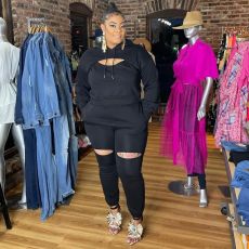 Plus Size Solid Color Long Sleeve Coat Sling Pants 3 Piece Set GAWE-5645