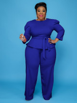 Plus Size Solid Color Tie Up Two Piece Pants Set GAWE-6222