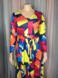 Plus Size Print V Neck Belt Big Swing Maxi Dress GAWE-5115