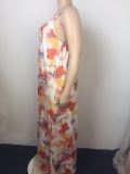 Plus Size Print Loose V Neck Sling Maxi Dress GAWE-5424