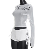 Letter Print Long Sleeve Tie Up Two Piece Shorts Set MXBF-Q25ST455