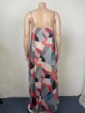Plus Size Print Loose V Neck Sling Maxi Dress GAWE-5424