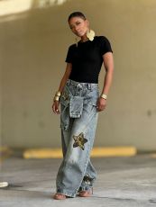 Plus Size Star-Printed Leopard Patchwork Denim Jeans GYLN-8122