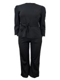 Plus Size Solid Color Tie Up Two Piece Pants Set GAWE-6222