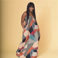 Plus Size Print Loose V Neck Sling Maxi Dress GAWE-5424