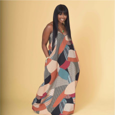 Plus Size Print Loose V Neck Sling Maxi Dress GAWE-5424