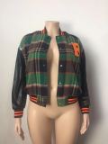 Plus Size Embroidered Ribbed PU Patchwork Baseball Jacket GAWE-5611