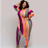 Plus Size Stripe Print Dress+Pants 2 Piece Set GAWE-5530