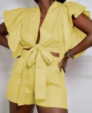 Plus Size Solid Color Tie Up Two Piece Shorts Set GHXF-L073A