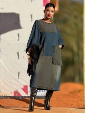 Plus Size Contrast Color Irregular Loose Denim Midi Dress GYLN-7138