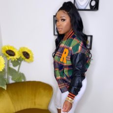 Plus Size Embroidered Ribbed PU Patchwork Baseball Jacket GAWE-5611