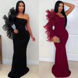 Solid Color Singlle Shoulder Long Sleeve Maxi Dress BY-7610