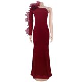 Solid Color Singlle Shoulder Long Sleeve Maxi Dress BY-7610