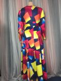 Plus Size Print V Neck Belt Big Swing Maxi Dress GAWE-5115