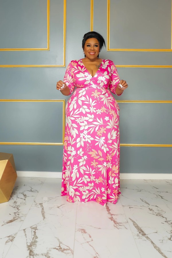 Plus Size Print V Neck Maxi Dress GAWE-5672