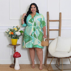 Plus Size Print Short Sleeve Midi Dress GHXF-HX0481