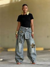 Plus Size Star-Printed Leopard Patchwork Denim Jeans GYLN-8122