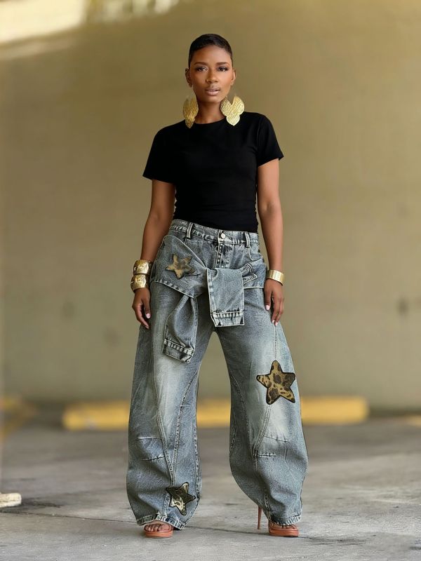 Plus Size Star-Printed Leopard Patchwork Denim Jeans GYLN-8122