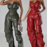 Plus Size Off Shoulder PU Leather Jumpsuit GHXF-HX0395