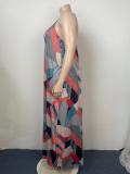 Plus Size Print Loose V Neck Sling Maxi Dress GAWE-5424