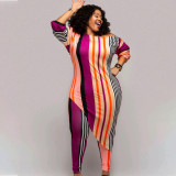 Plus Size Stripe Print Dress+Pants 2 Piece Set GAWE-5530