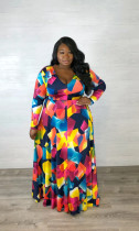 Plus Size Print V Neck Belt Big Swing Maxi Dress GAWE-5115