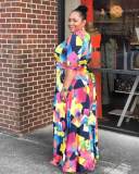 Plus Size Print V Neck Belt Big Swing Maxi Dress GAWE-5115