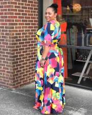 Plus Size Print V Neck Belt Big Swing Maxi Dress GAWE-5115