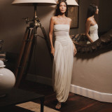 Off Shoulder Pleated Solid Color Maxi Dress XEF-K25D89153