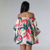 Plus Size Off Shoulder Print Bat Sleeve Mini Dress QHMD-3009