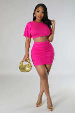 Short Sleeve Solid Color Two Piece Skirts Set QHMD-M3022