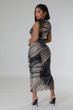 Sleeveless Print Mesh Maxi Dress QYMF-3142