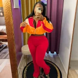 Color Block Zipper Coats Tight Sport Two Piece Pants Set QHMD-3073