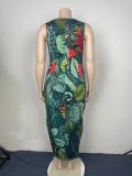 Plus Size Leaf Print Sleeveless Sexy Long Dress GAWE-5511