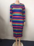 Plus Size Colorful Stripe Print Long Sleeve Maxi Dress GAWE-5386