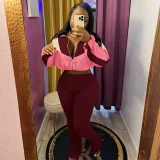 Color Block Zipper Coats Tight Sport Two Piece Pants Set QHMD-3073