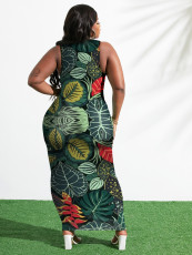 Plus Size Leaf Print Sleeveless Sexy Long Dress GAWE-5511