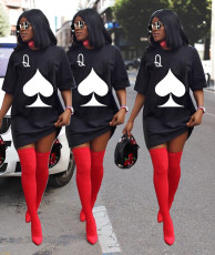 Plus Size Poker-Printed Short-Sleeve Mini Dress GQLK-KG153