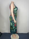 Plus Size Leaf Print Sleeveless Sexy Long Dress GAWE-5511