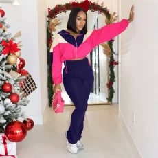 Color Block Zipper Coats Tight Sport Two Piece Pants Set QHMD-3073