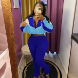 Color Block Zipper Coats Tight Sport Two Piece Pants Set QHMD-3073