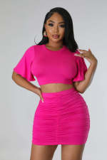 Short Sleeve Solid Color Two Piece Skirts Set QHMD-M3022