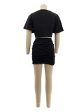Short Sleeve Solid Color Two Piece Skirts Set QHMD-M3022