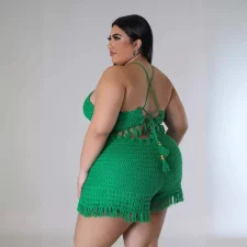 Plus Size Tassel Fishnet Knit Casual Two-Piece Shorts Set OSM-5317