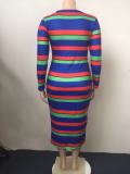 Plus Size Colorful Stripe Print Long Sleeve Maxi Dress GAWE-5386
