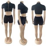 Short-Sleeve Zipper Velvet Two-Piece Short Set OSM-4351